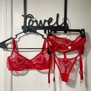 Red Heart-Embellished Lingerie 3 Piece Set